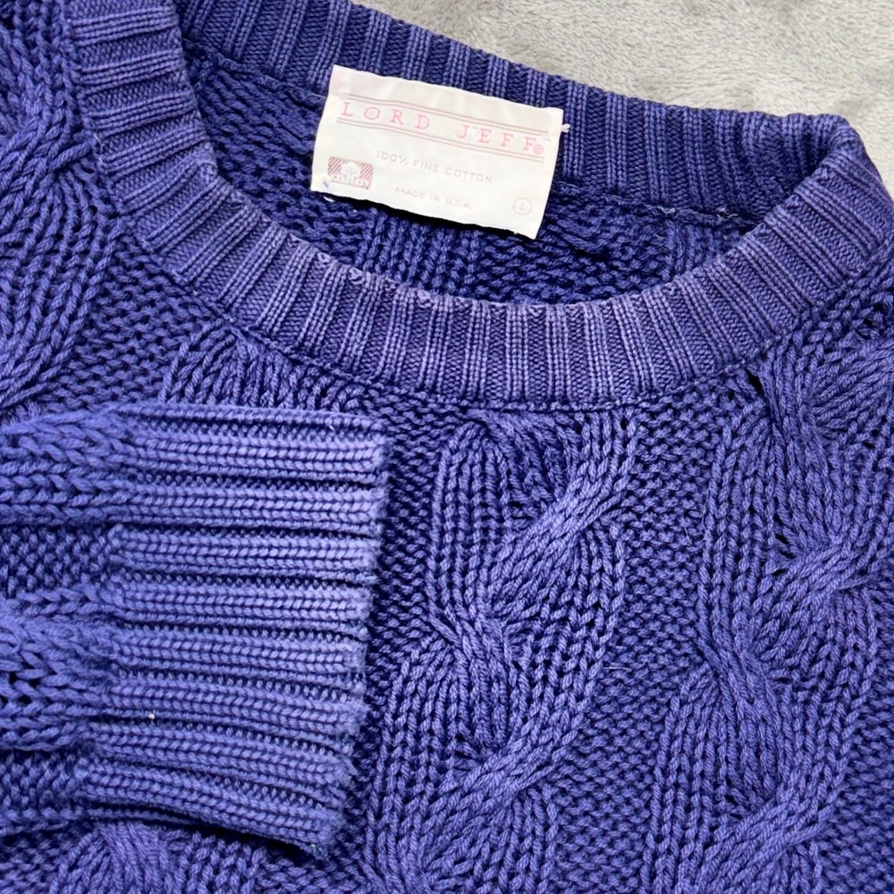 Lord Jeff Mens Cable‎ Knit Sweater 100% Cotton Purple Crew Neck Pullover